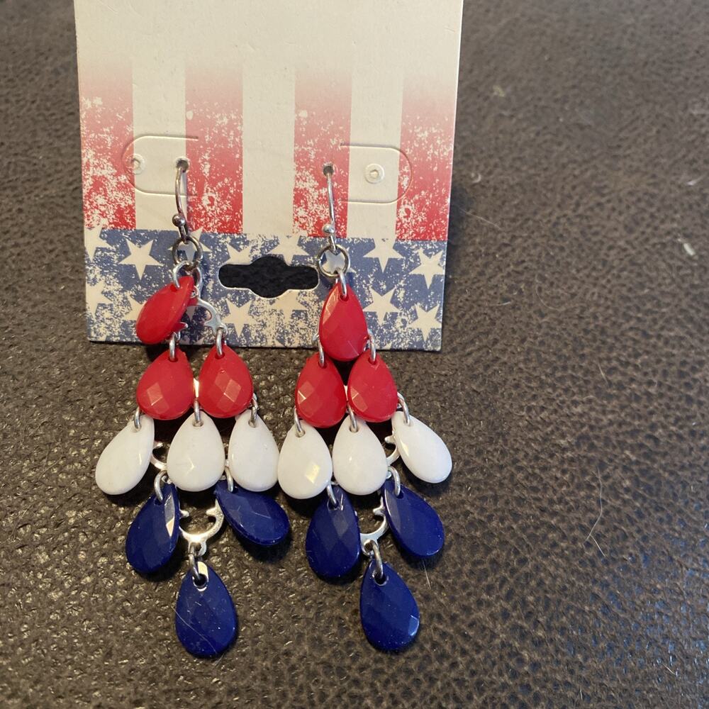 4th of July USA American Flag Patriotic Red Blue white Dangle Post Earrings